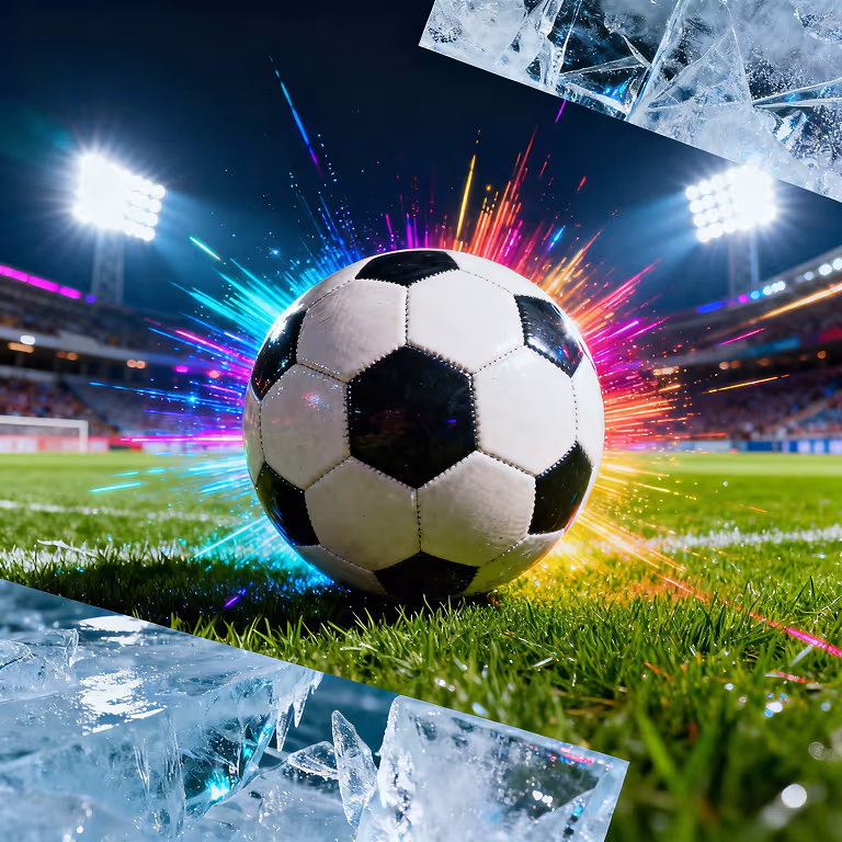 Soccer ball on vibrant green field with fireworks effect showing CountSlots excitement and dynamic game energy.